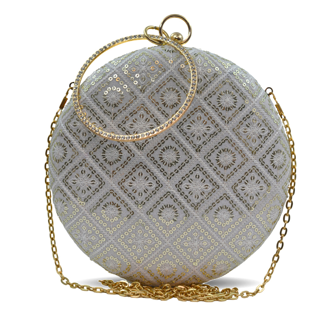 Artklim White Based Sequins And Thread Embroidery Clutch