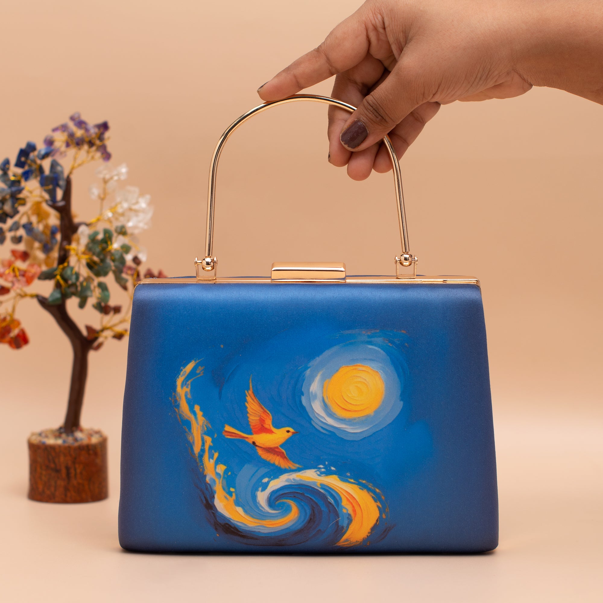Artklim Blue Abstract Bird And Sun Printed Clutch