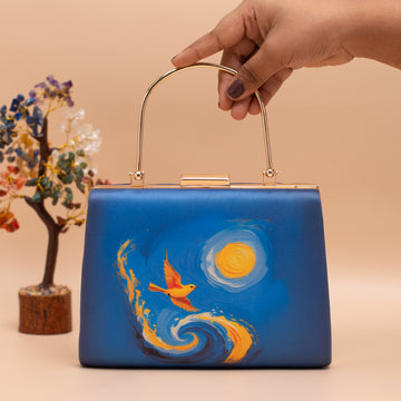 Artklim Blue Abstract Bird And Sun Printed Clutch