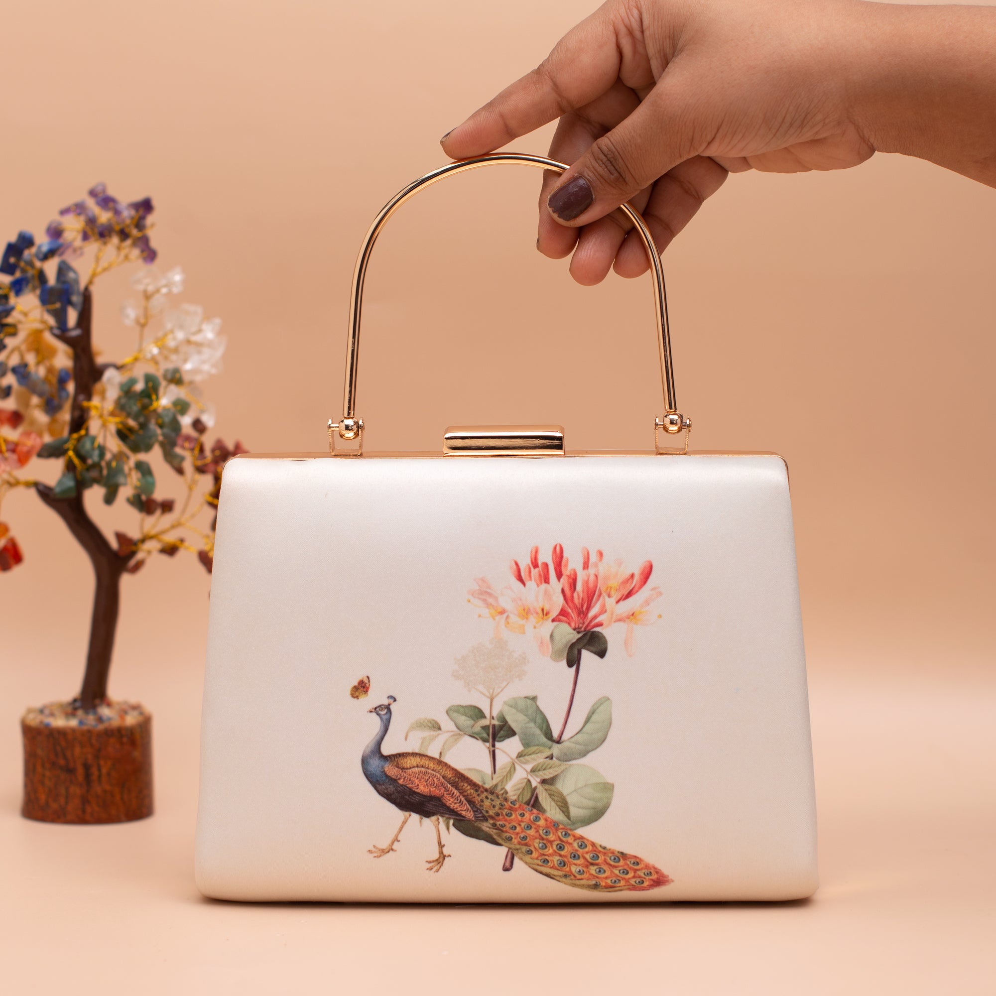 Artklim Peacock With Flower Printed Clutch