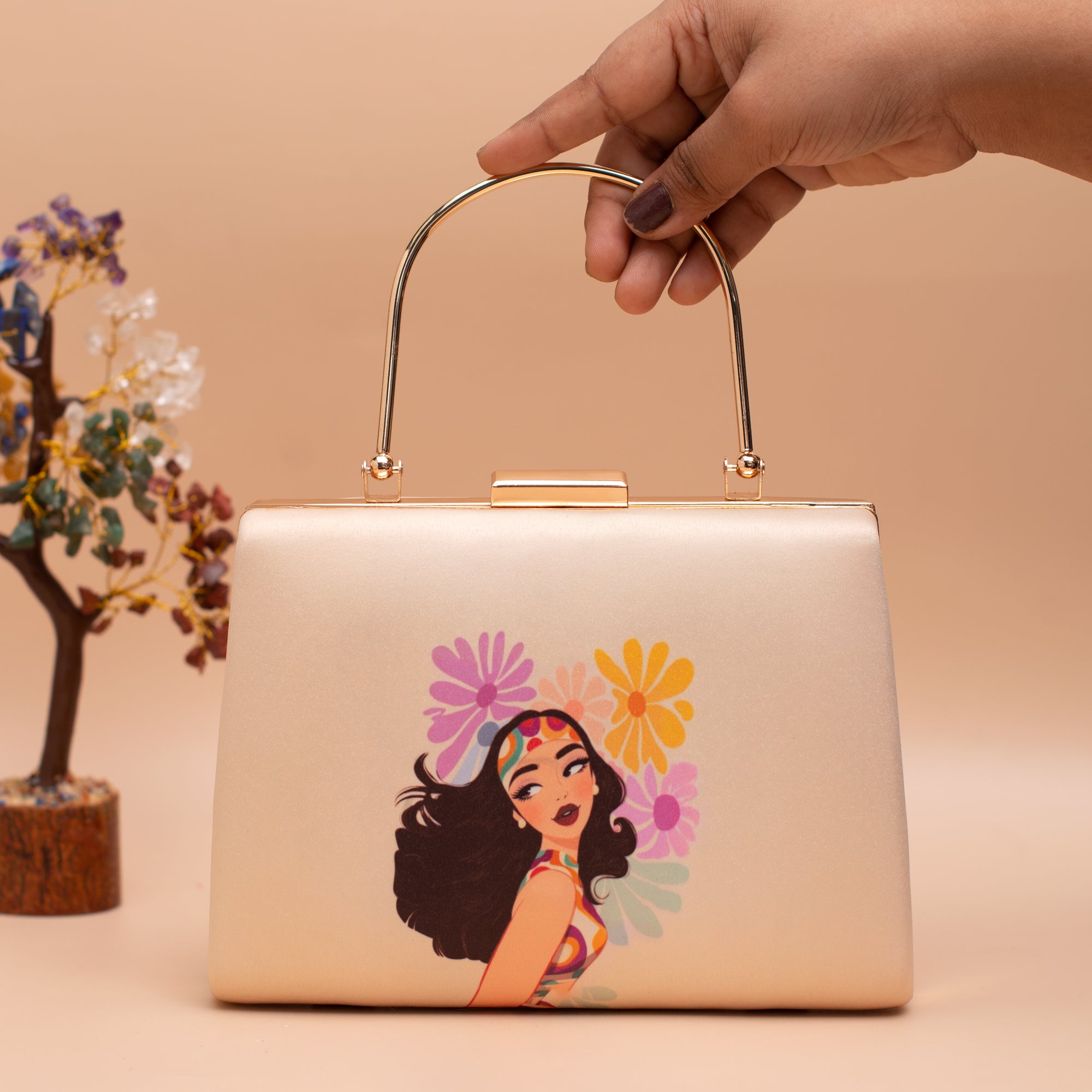 Artklim Multicolored Flowers With Girl Printed Clutch