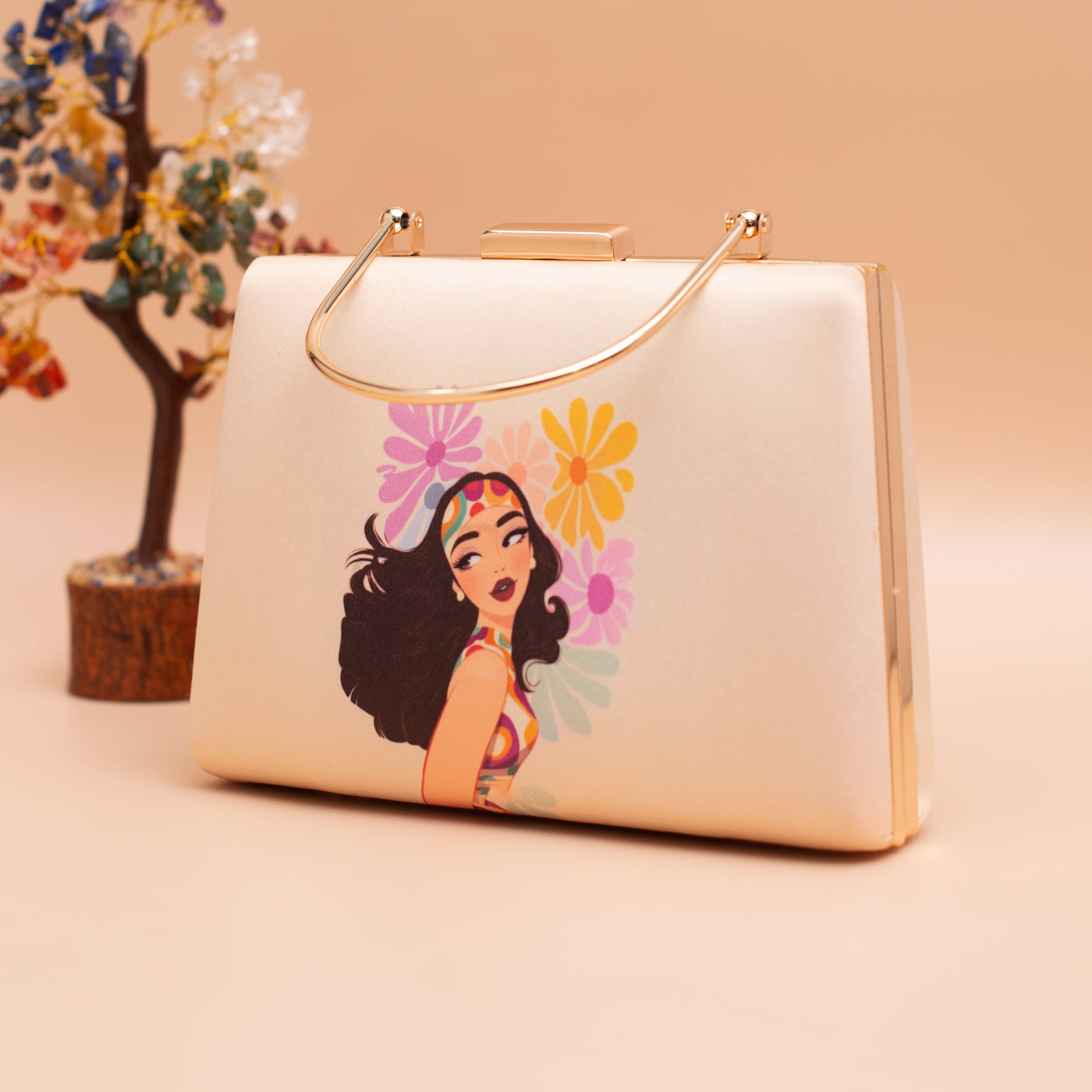 Artklim Multicolored Flowers With Girl Printed Clutch