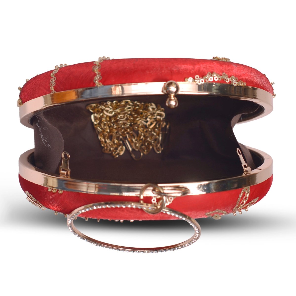 Artklim Bright Red Based Golden Sequins Embroidery Clutch