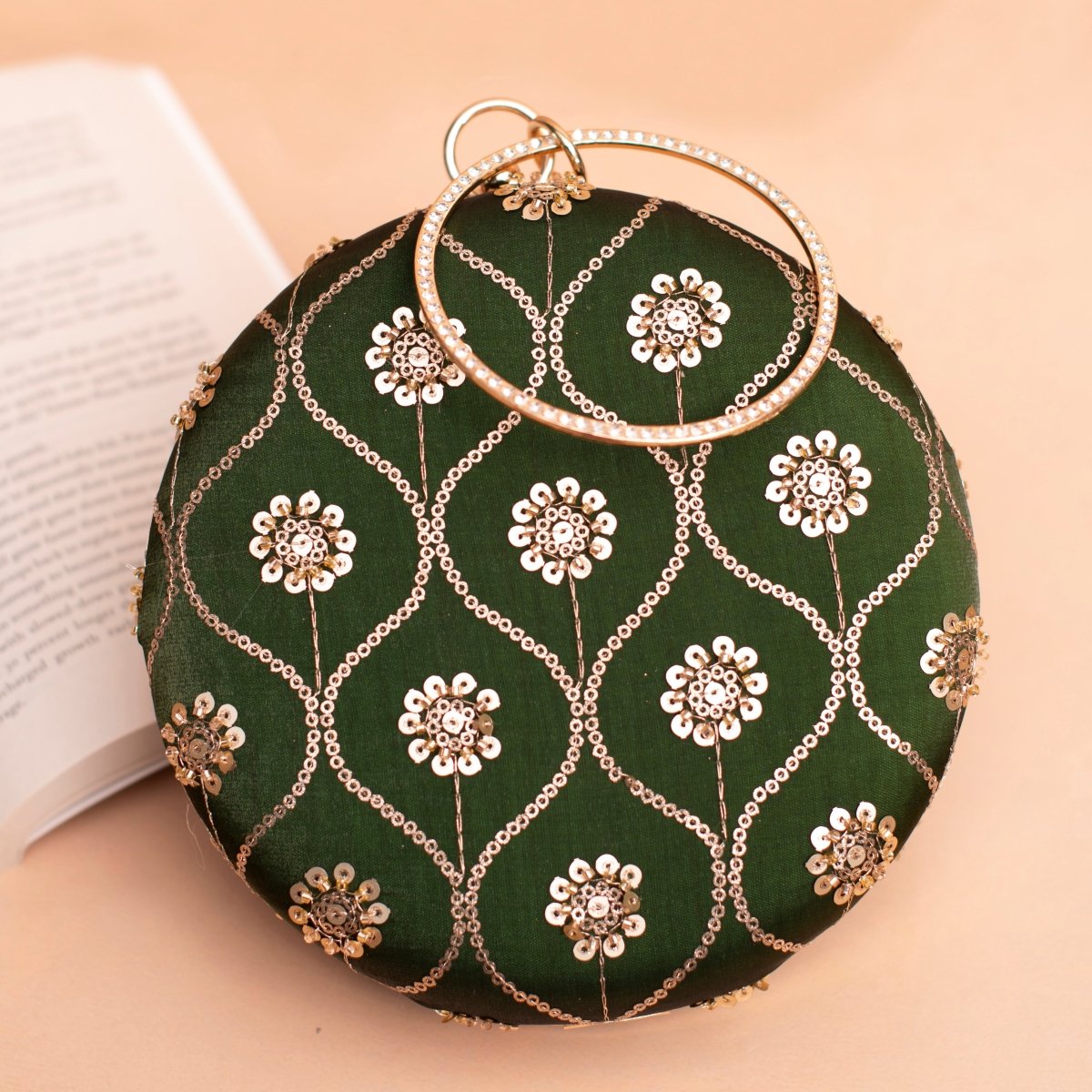 Artklim Olive Green Sequins Pattern Embroidery Clutch