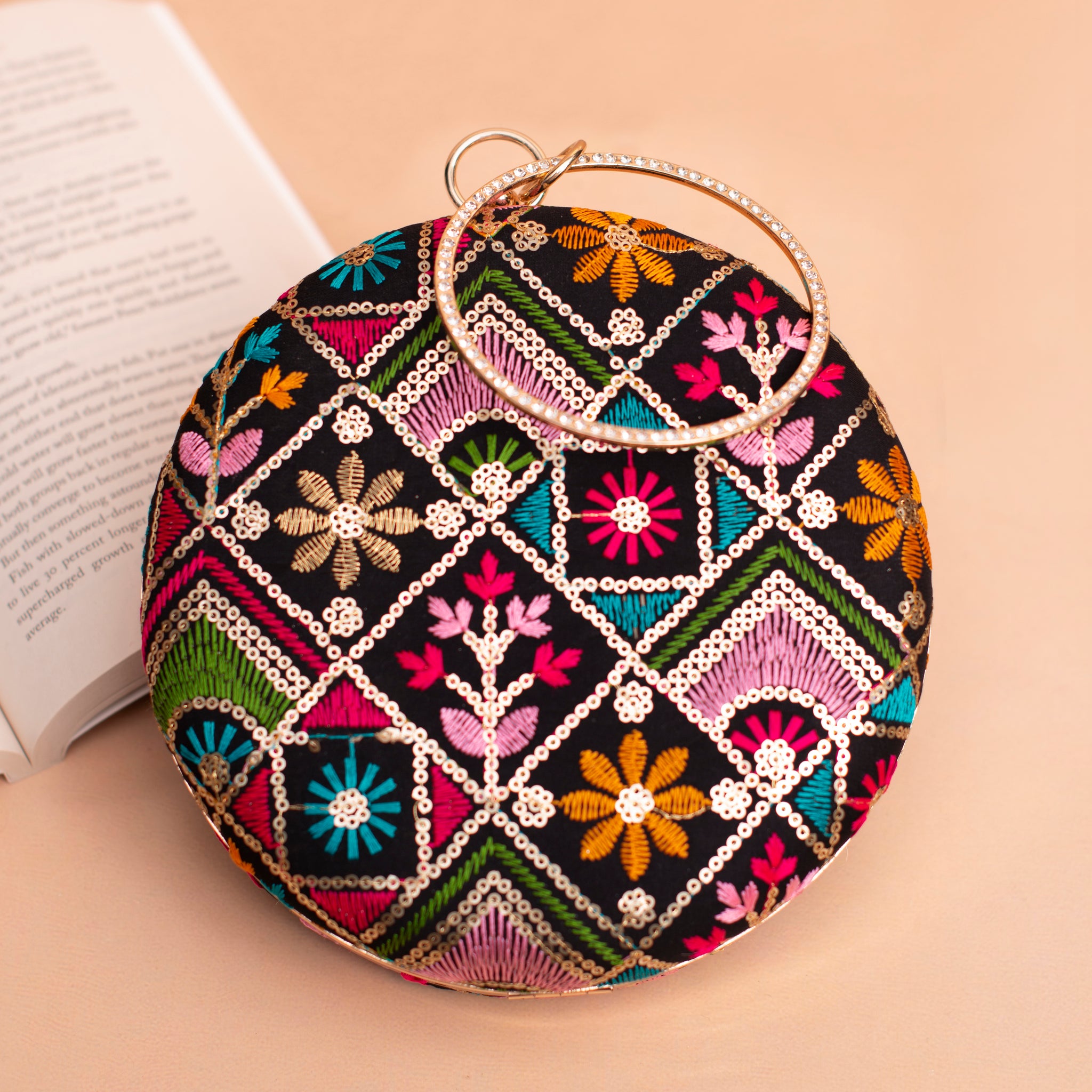Artklim Black Based Multicolored Thread And Sequins Embroidery Clutch