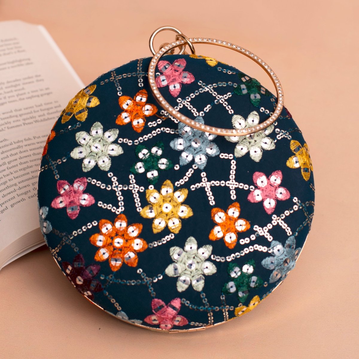 Artklim Marine Blue Based Floral Threadwork Embroidery Clutch