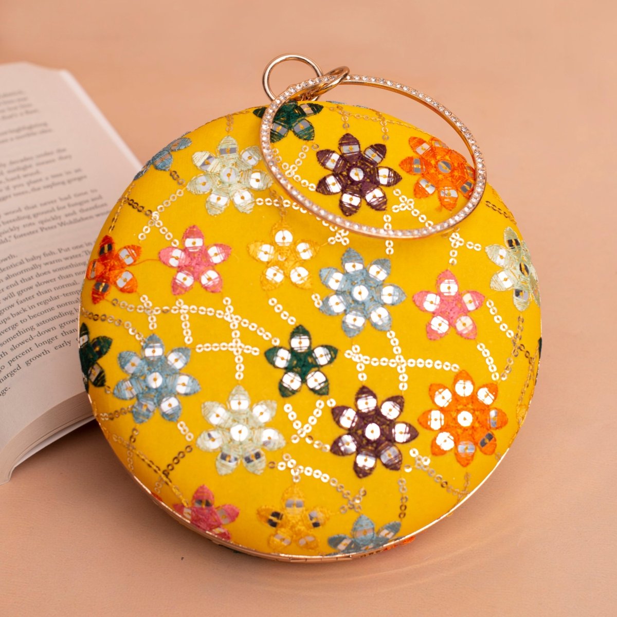 Artklim Yellow Based Multicolored Threadwork And Sequins Embroidery Clutch