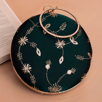 Artklim Dark Green Minimal Sequins Embroidery Clutch