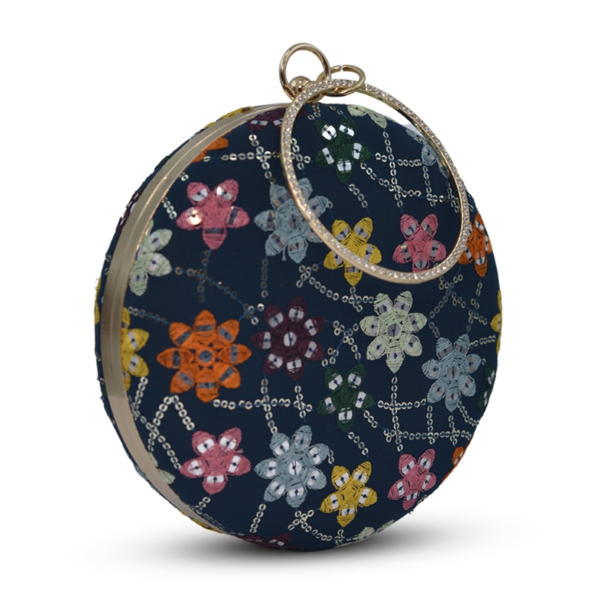 Artklim Marine Blue Based Floral Threadwork Embroidery Clutch