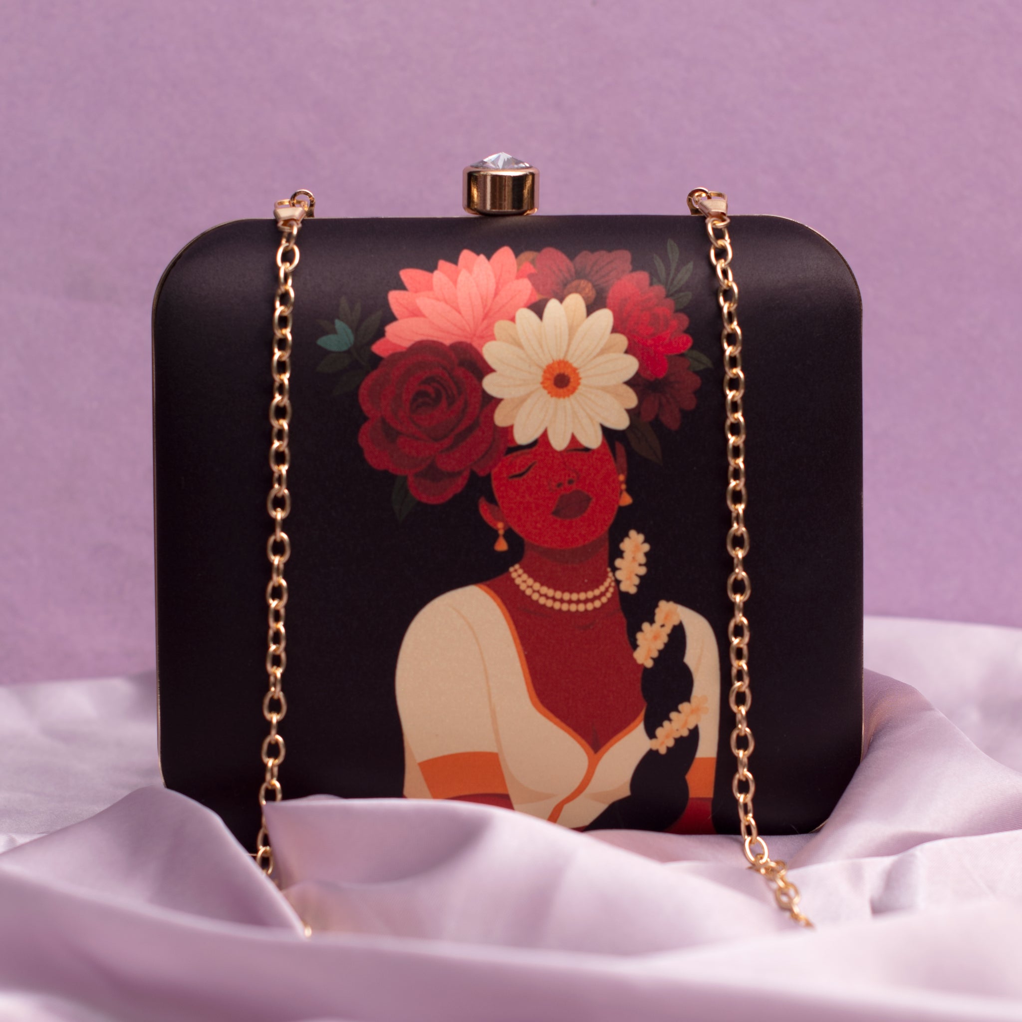 Artklim Black Based Afro Woman Portrait Printed Clutch