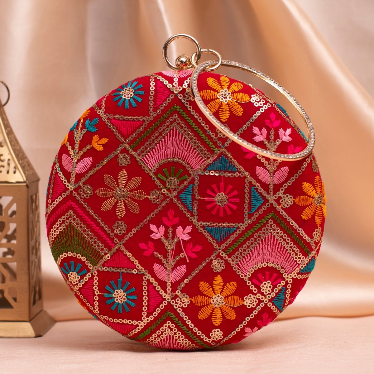 Artklim Red Based Multicolored Thread And Sequins Embroidery Clutch