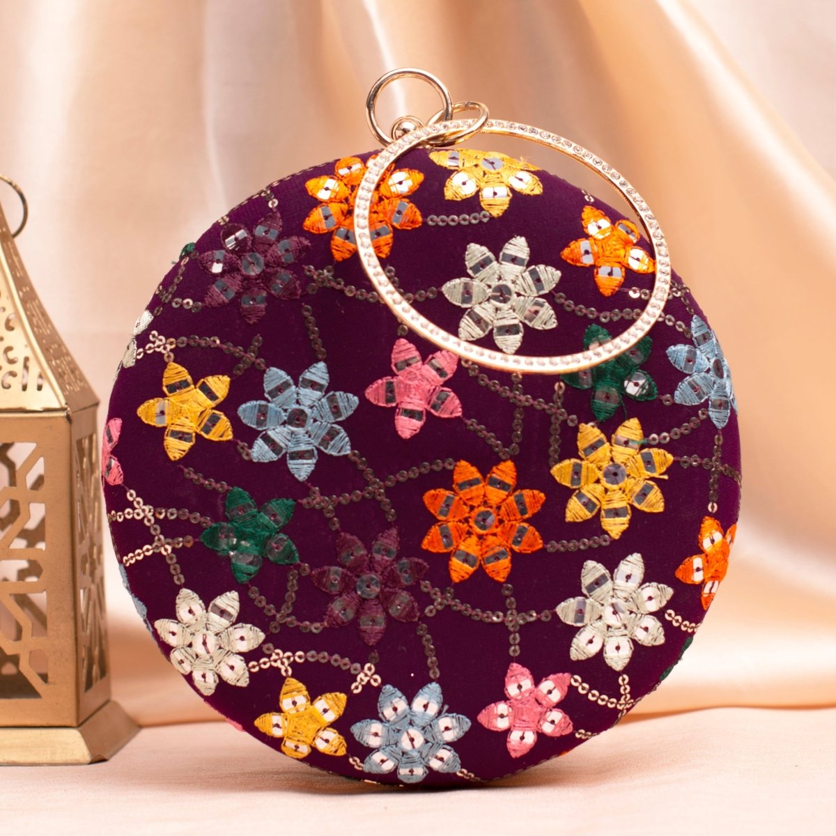 Artklim Wine Based Multicolored Threadwork Sequins Embroidery Clutch