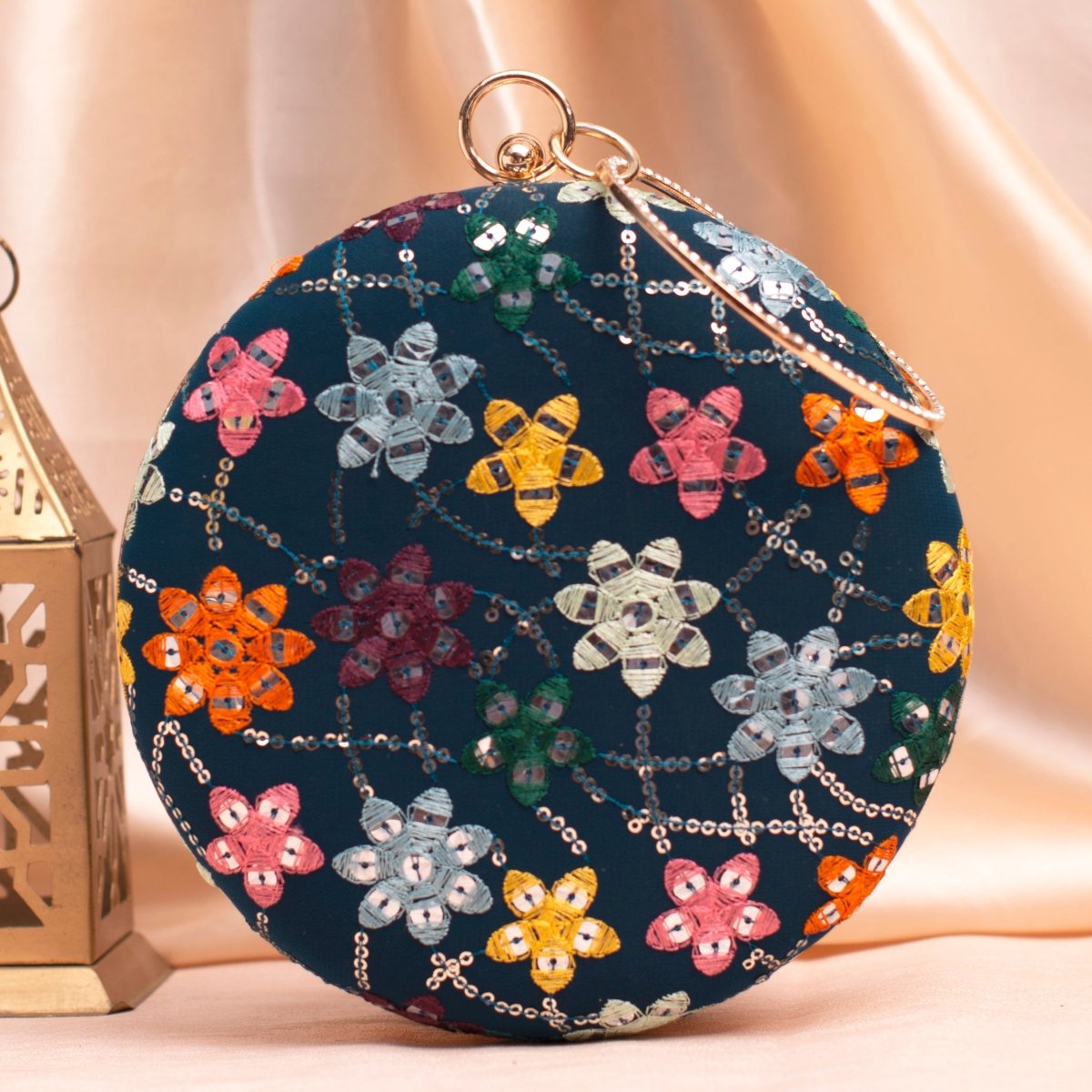 Artklim Marine Blue Based Floral Threadwork Embroidery Clutch