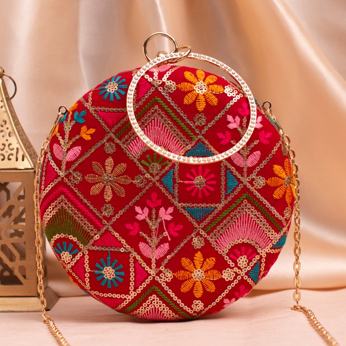 Artklim Red Based Multicolored Thread And Sequins Embroidery Clutch