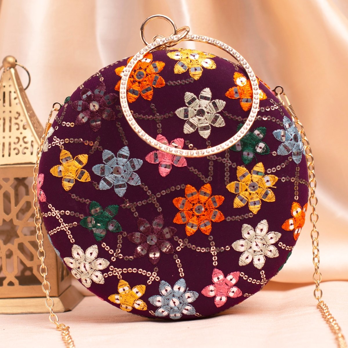 Artklim Wine Based Multicolored Threadwork Sequins Embroidery Clutch