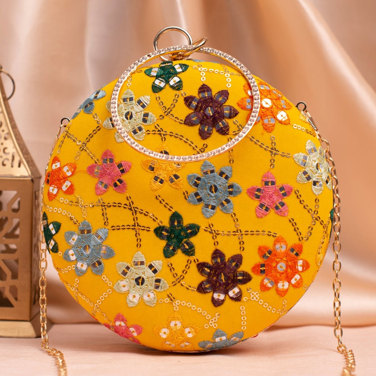Artklim Yellow Based Multicolored Threadwork And Sequins Embroidery Clutch