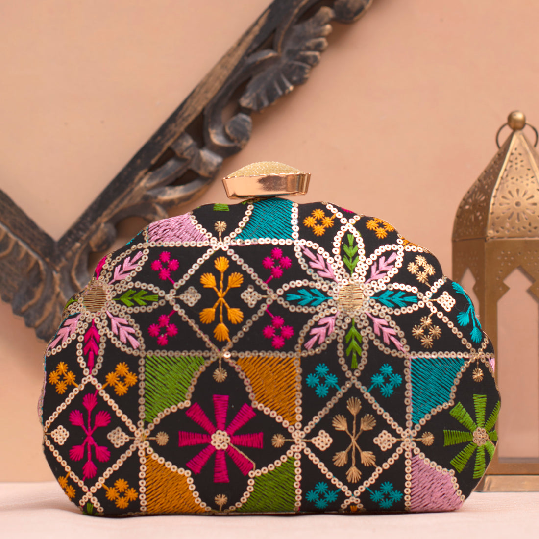 Artklim Black Based Multicolored Floral Embrodiery Clutch