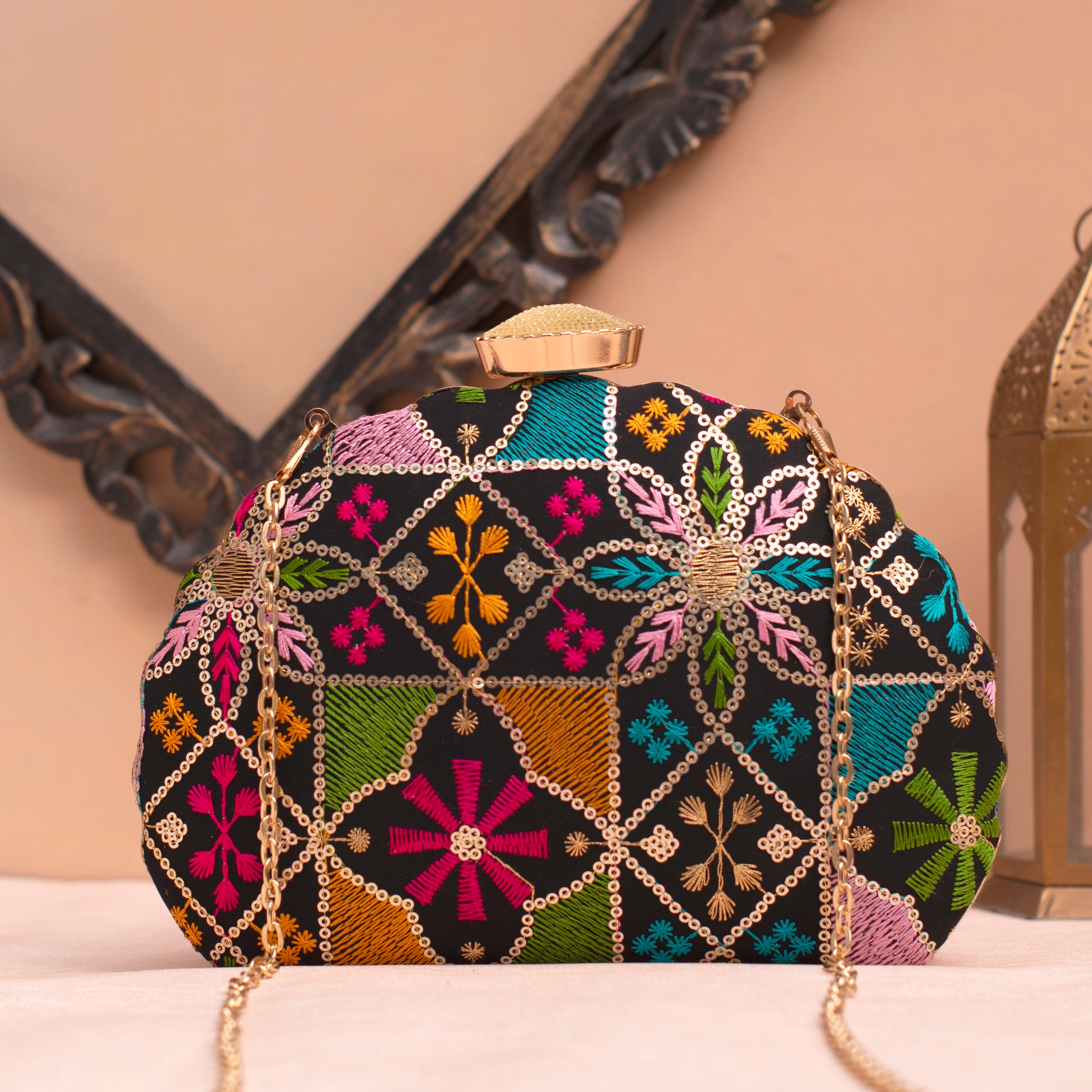 Artklim Black Based Multicolored Floral Embrodiery Clutch