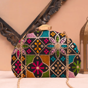 Artklim Black Based Multicolored Floral Embrodiery Clutch