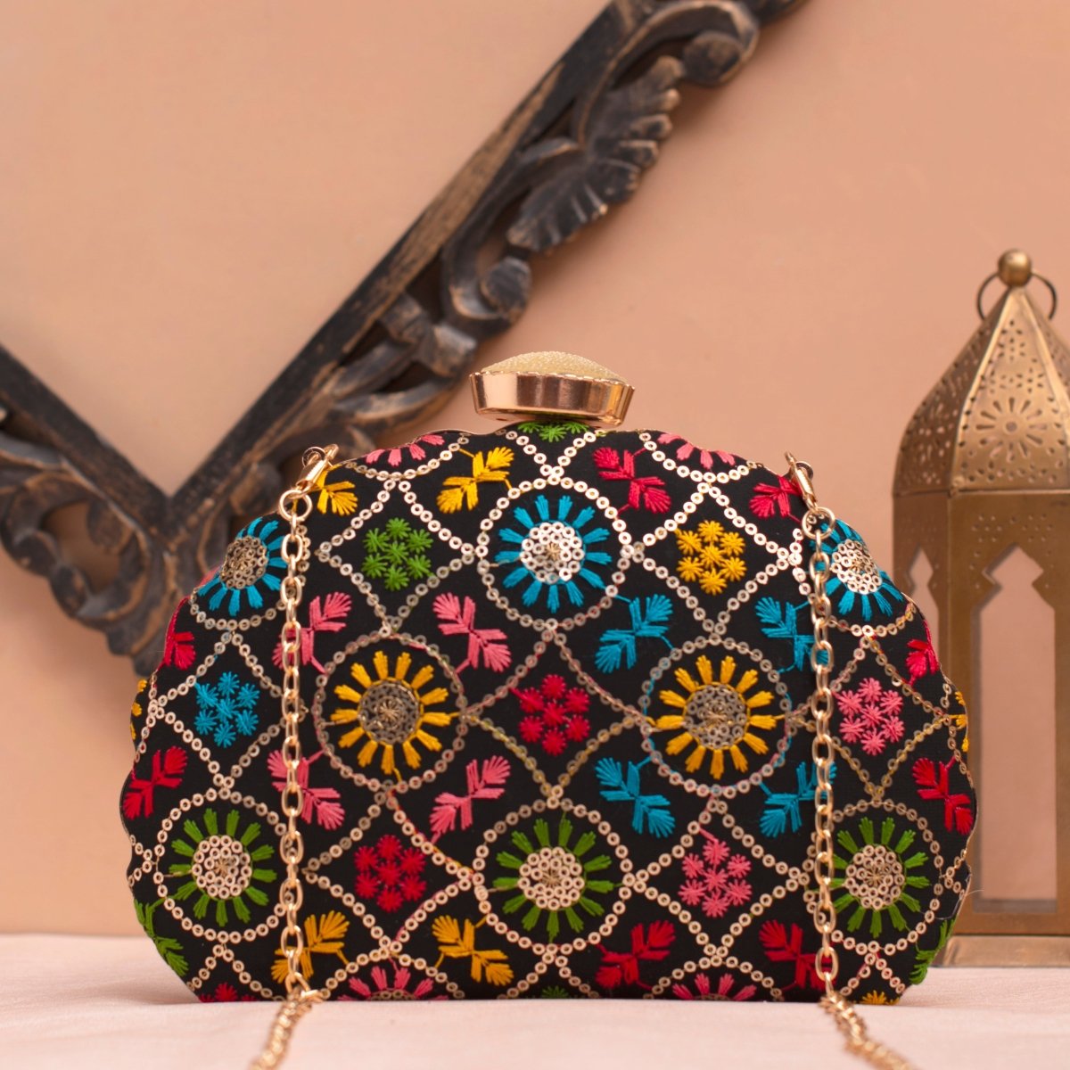 Artklim Black Based Multicoloured Threadwork Embroidery Clutch