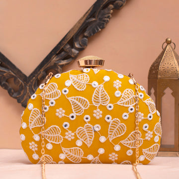 Artklim Yellow Based White Thread Embrodiery Clutch