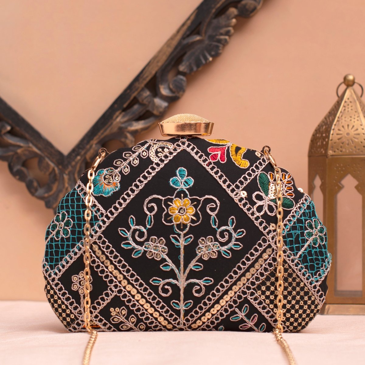 Artklim Black Base Multicoloured Embroidery Clutch