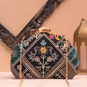 Artklim Black Based Multicoloured Embroidery Clutch