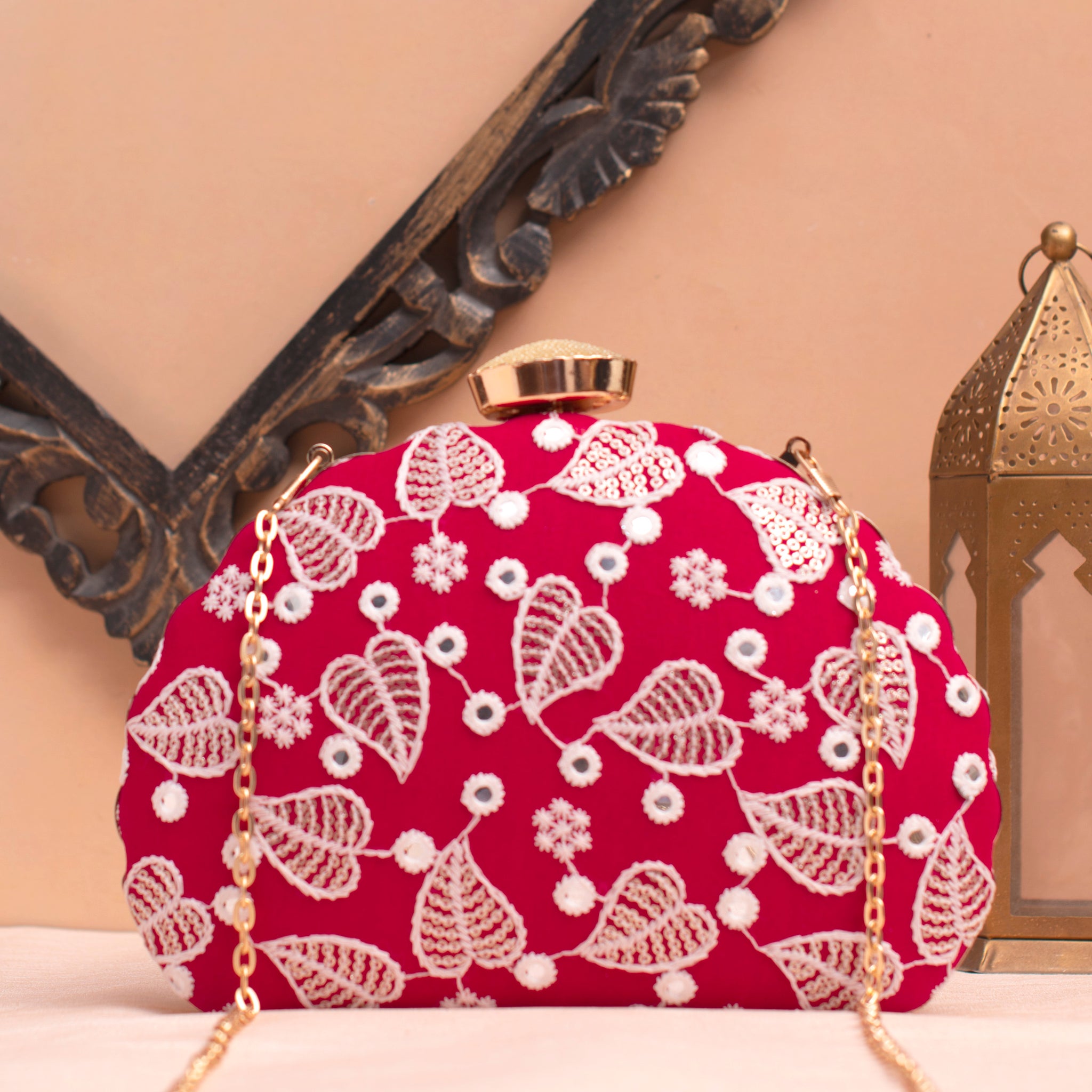 Artklim Red Based White Threadwork Embrodiery Clutch