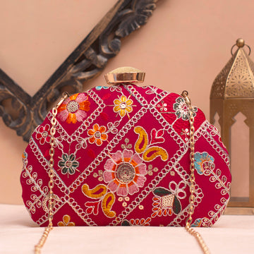 Artklim Red Based Multipattern Embrodiery Clutch