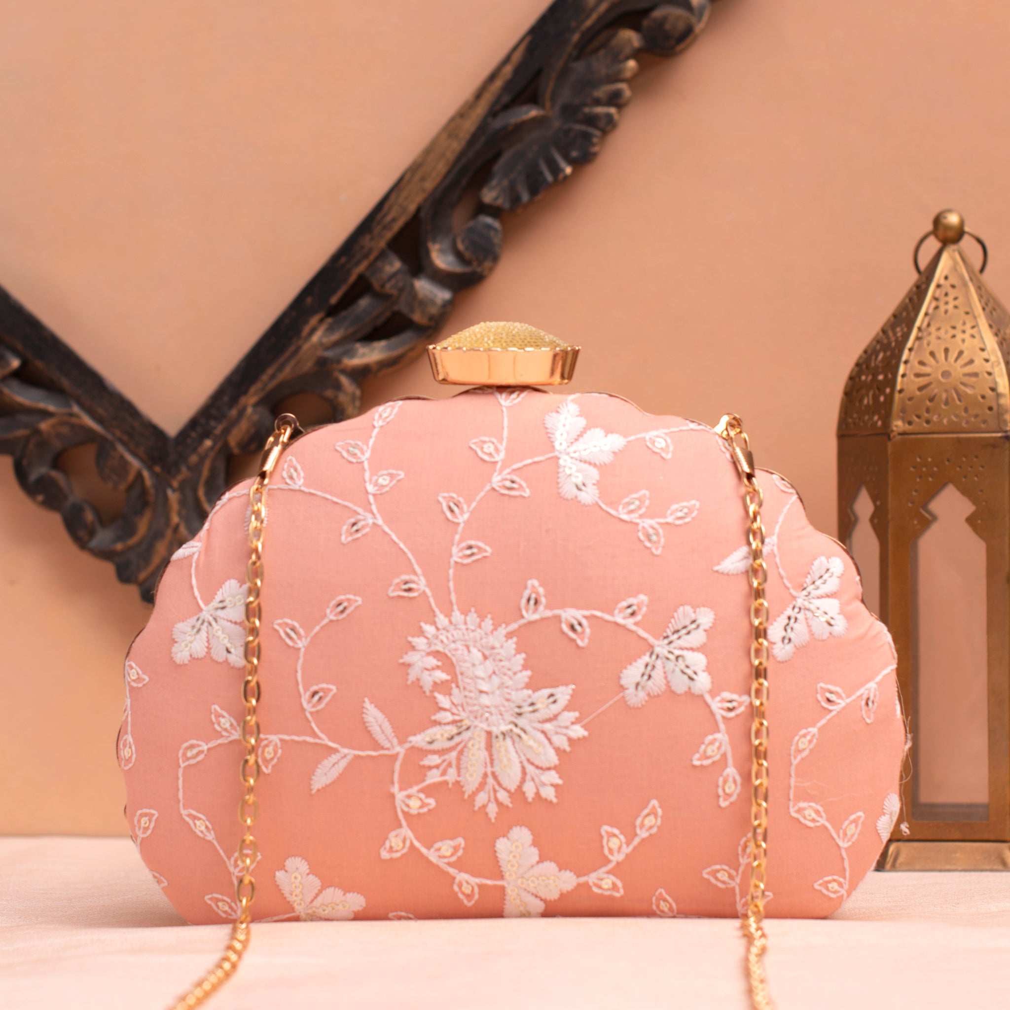 Artklim Peach Based White Threadwork Embrodiery Clutch