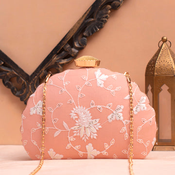 Artklim Peach Based White Threadwork Embrodiery Clutch