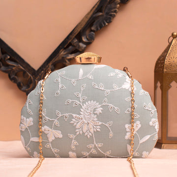 Artklim Light Mint Based White Thread Embroidery Clutch