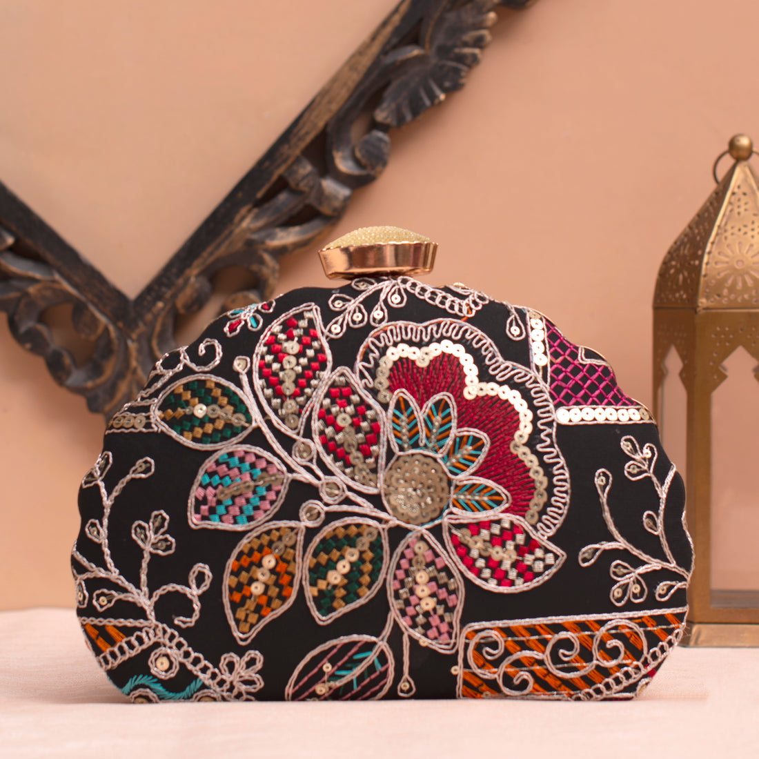 Artklim Black Based Multicolored Floral Embrodiery Clutch