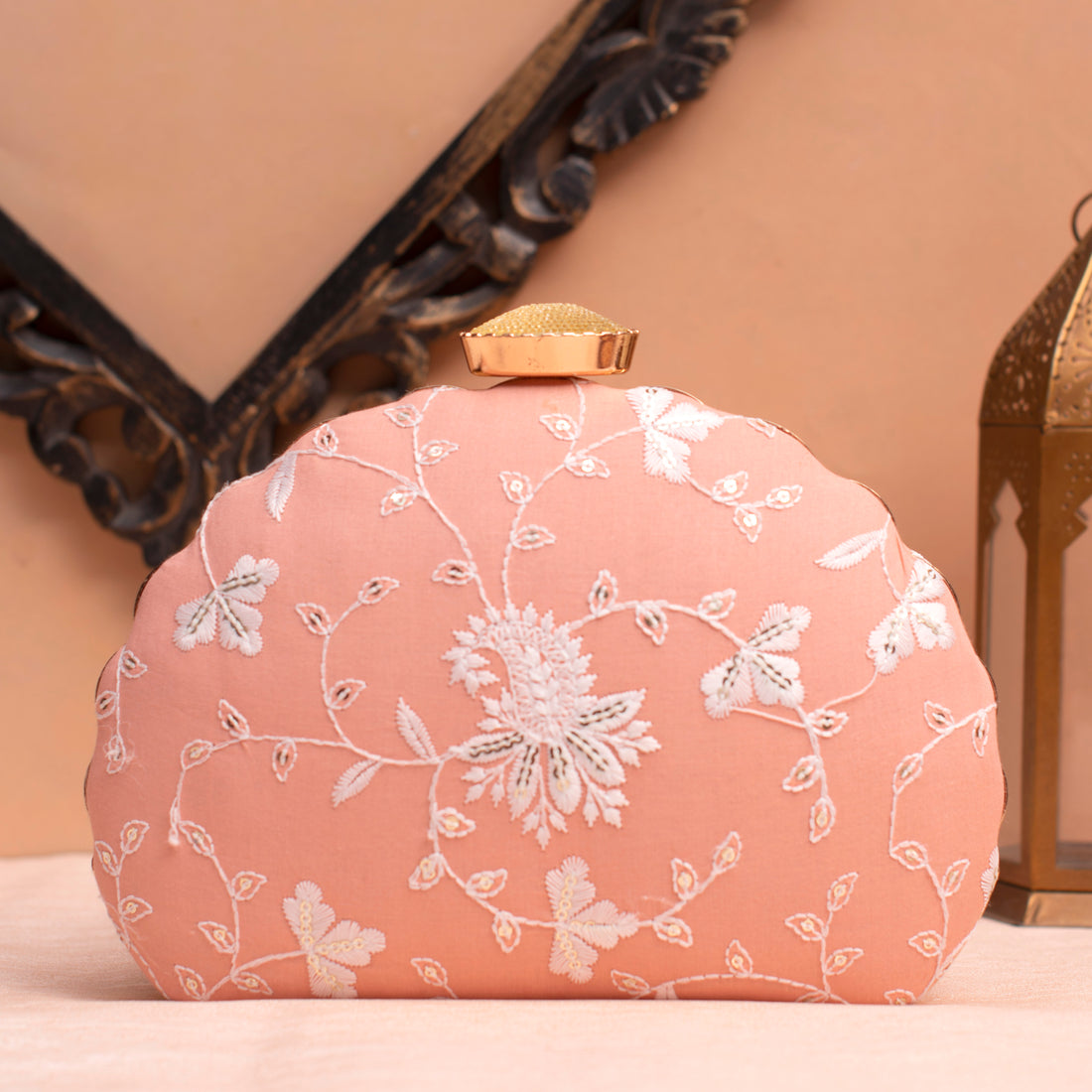 Artklim Peach Based White Threadwork Embrodiery Clutch