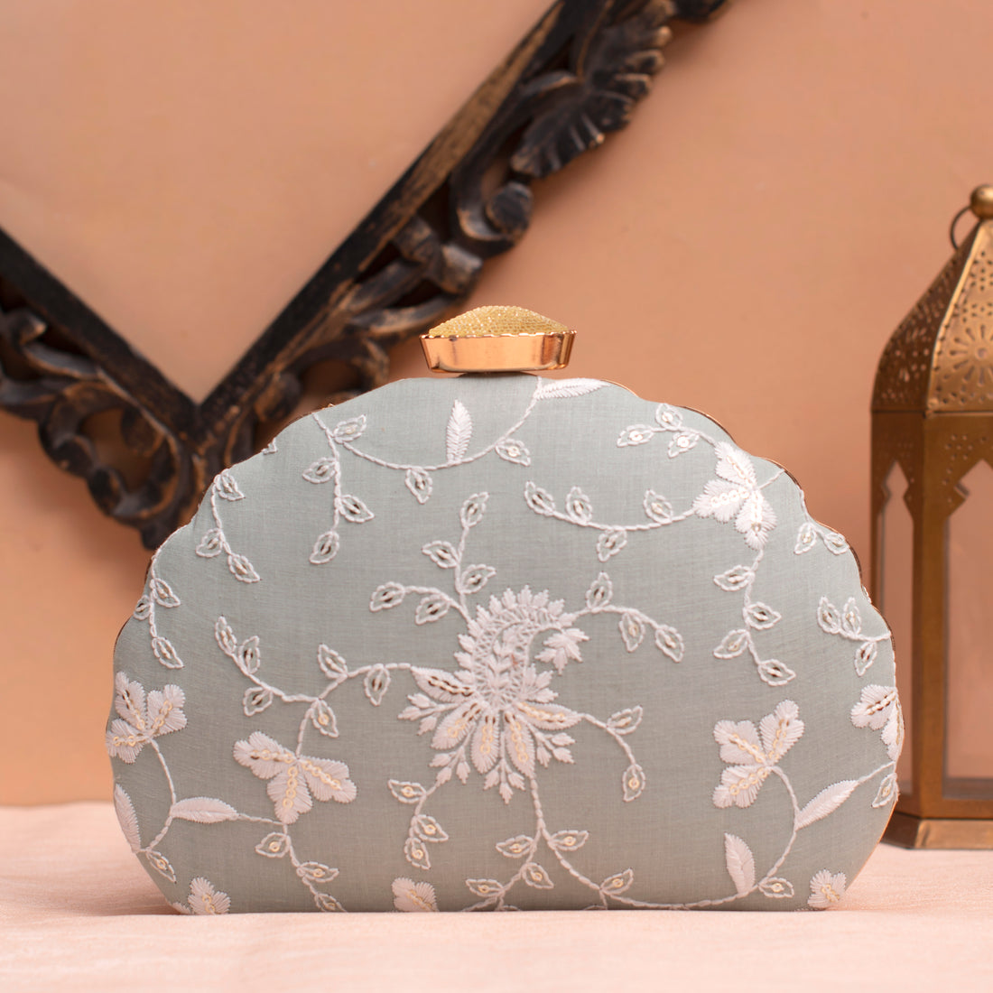 Artklim Light Mint Based White Thread Embroidery Clutch