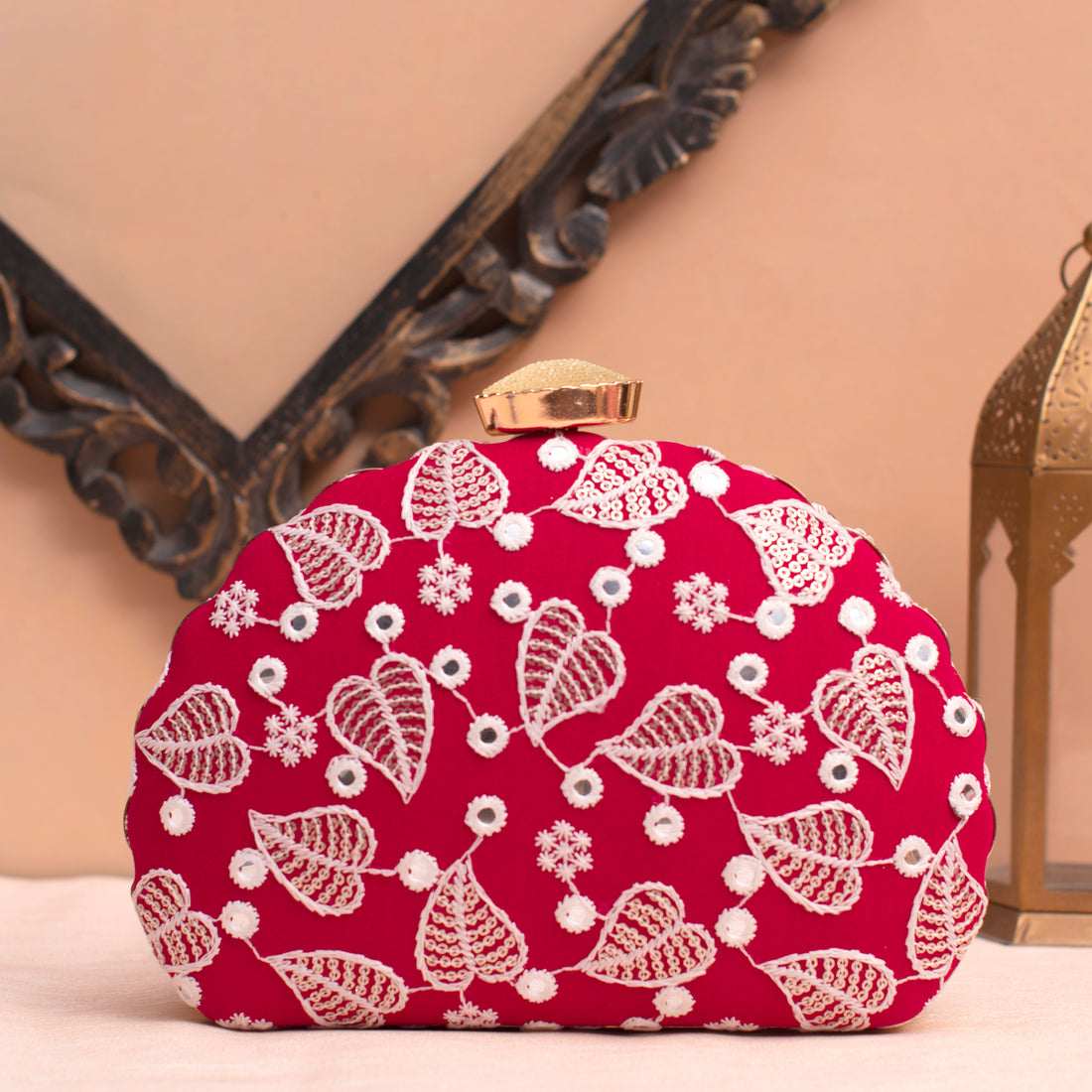Artklim Red Based White Threadwork Embrodiery Clutch