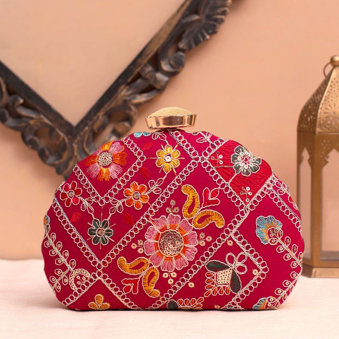 Artklim Red Based Multipattern Embrodiery Clutch