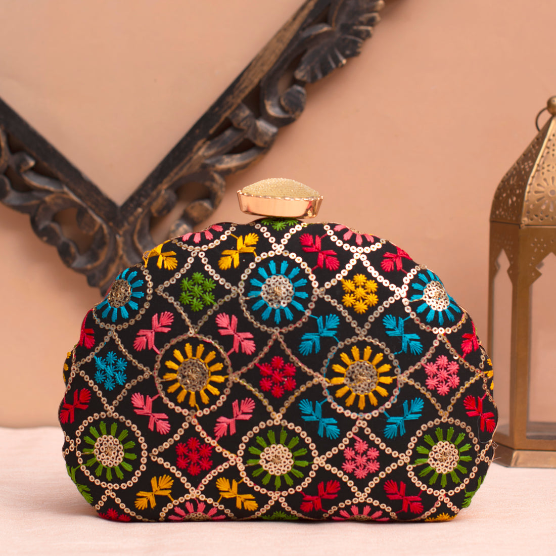 Artklim Black Based Multicoloured Threadwork Embroidery Clutch