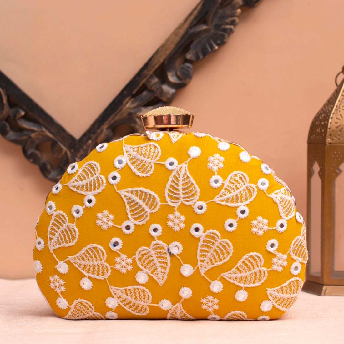 Artklim Yellow Based White Thread Embrodiery Clutch