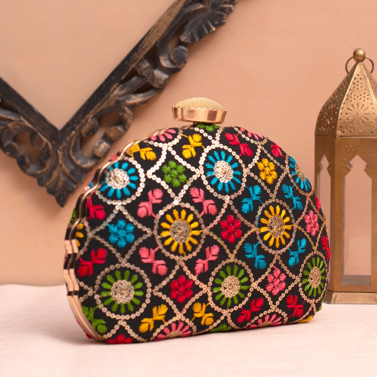 Artklim Black Based Multicoloured Threadwork Embroidery Clutch