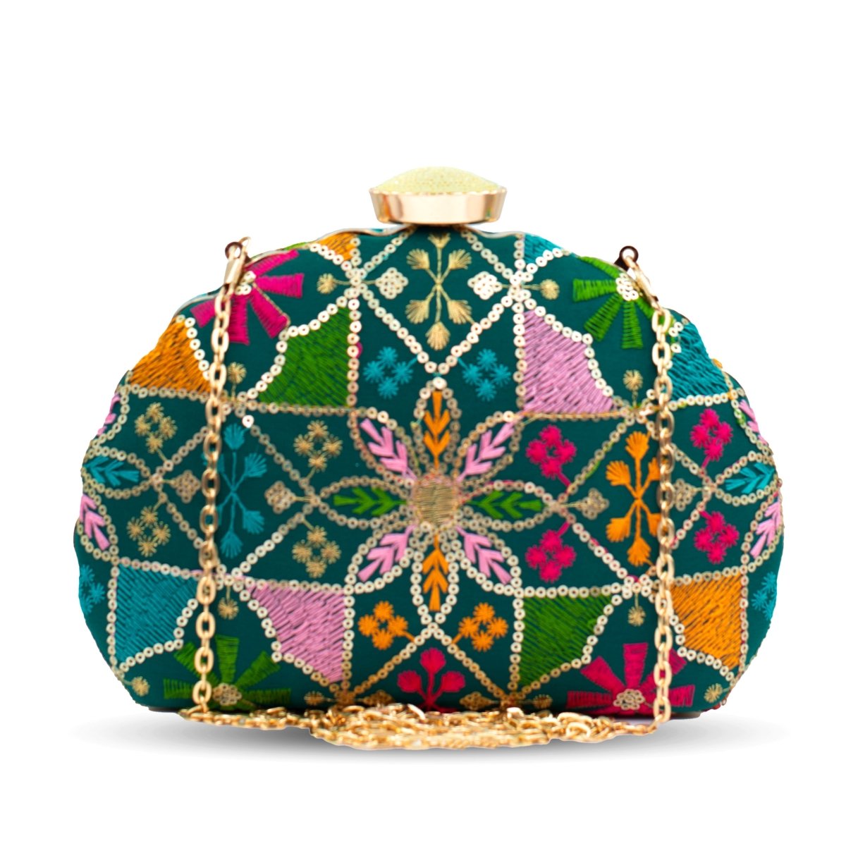 Artklim Green Base Floral Pattern Embrodiery Clutch