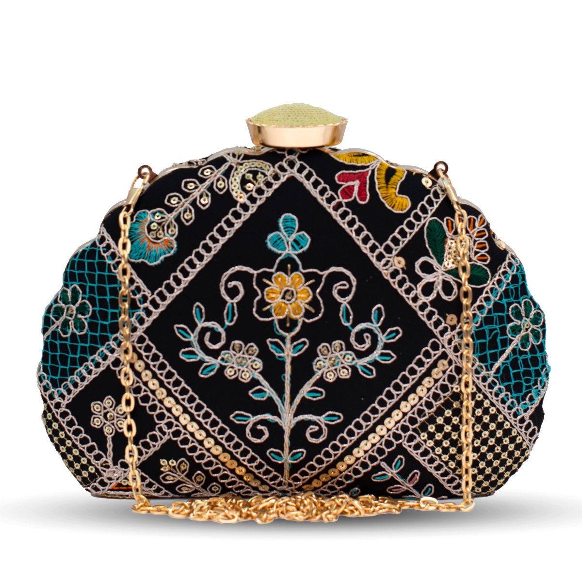 Artklim Black Base Multicoloured Embroidery Clutch