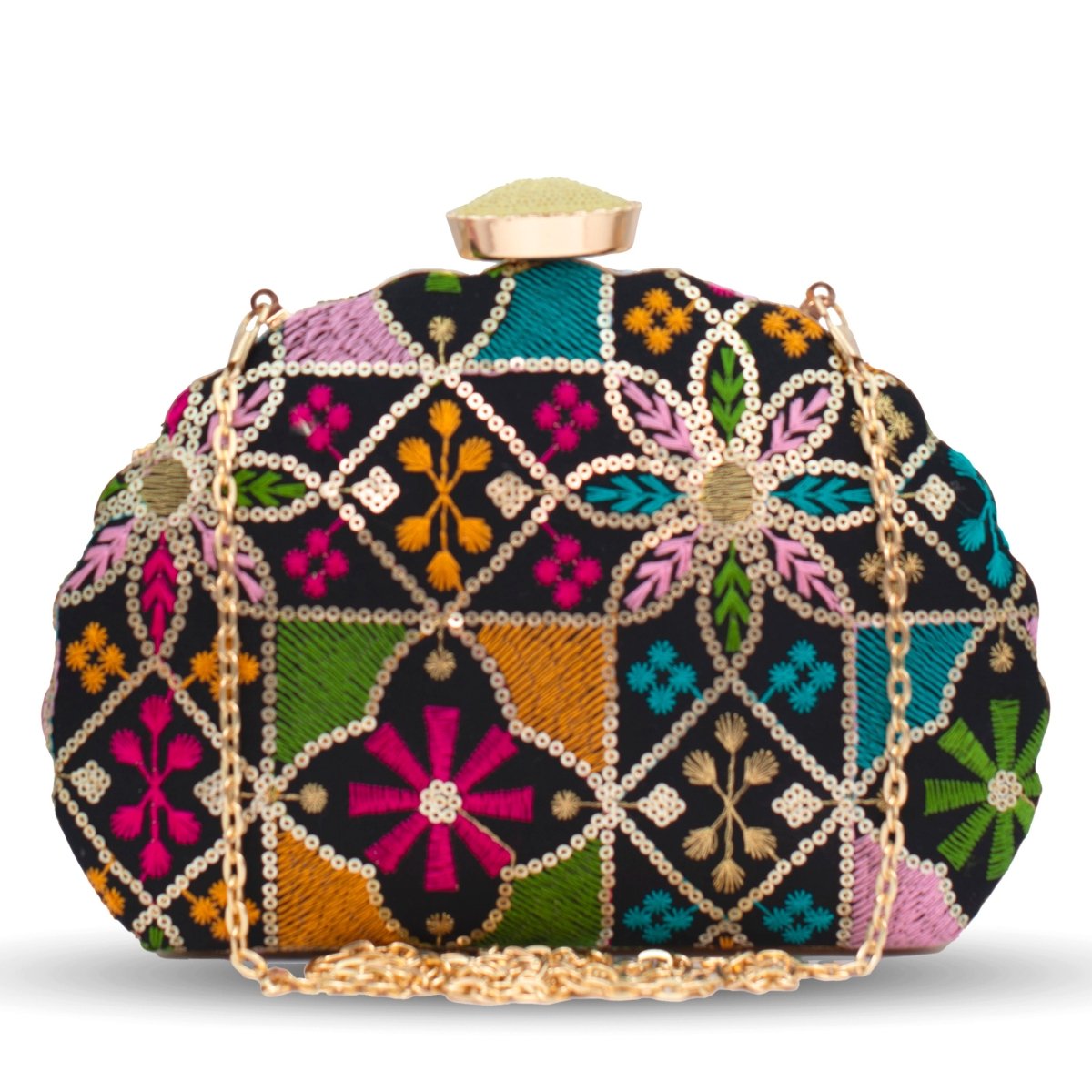 Artklim Black Base Multicolored Floral Embrodiery Clutch