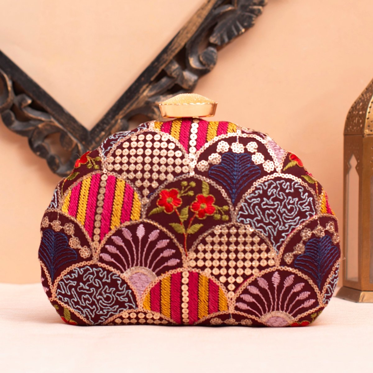 Artklim Wine Base Multicolored Sequins Embroidery Clutch