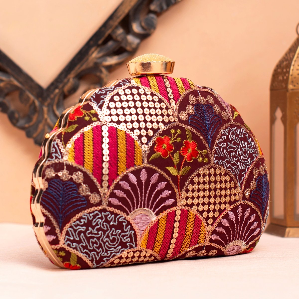 Artklim Wine Base Multicolored Sequins Embroidery Clutch