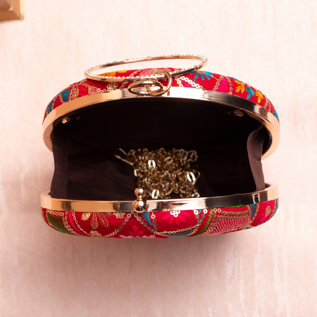 Artklim Red Based Multicolored Thread And Sequins Embroidery Clutch