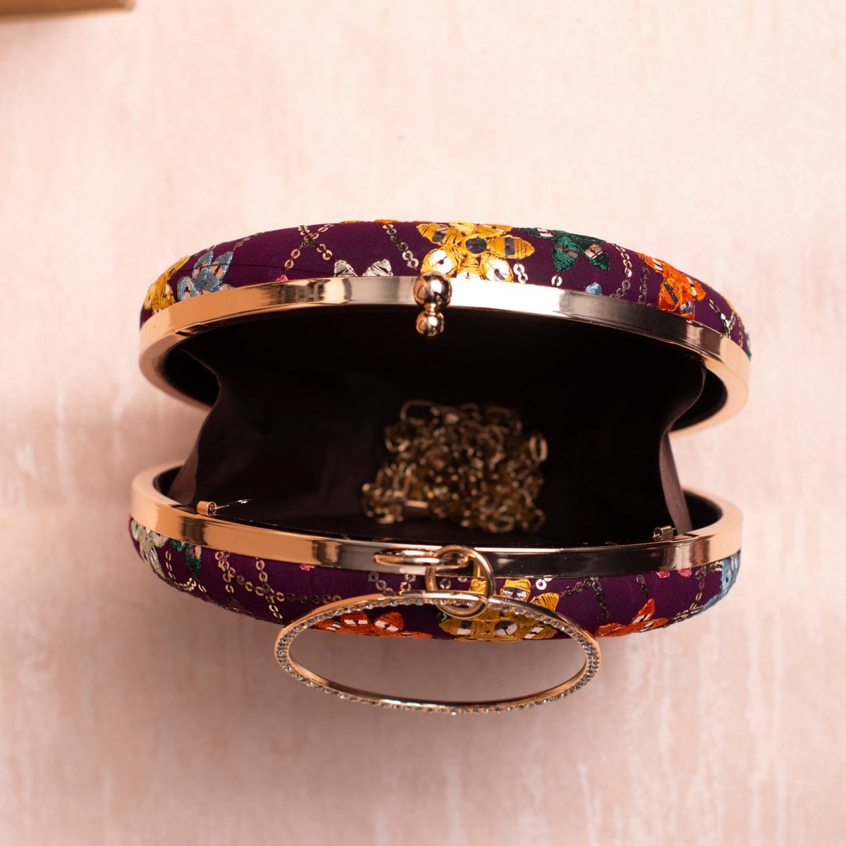 Artklim Wine Based Multicolored Threadwork Sequins Embroidery Clutch