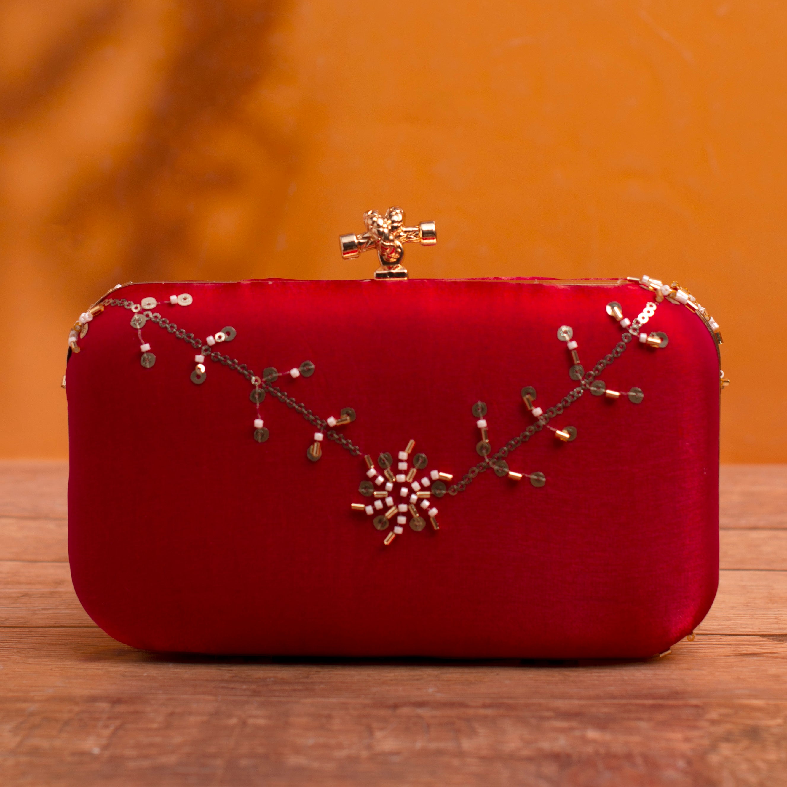 Artklim Red Based Floral Sequins Embroidery Clutch