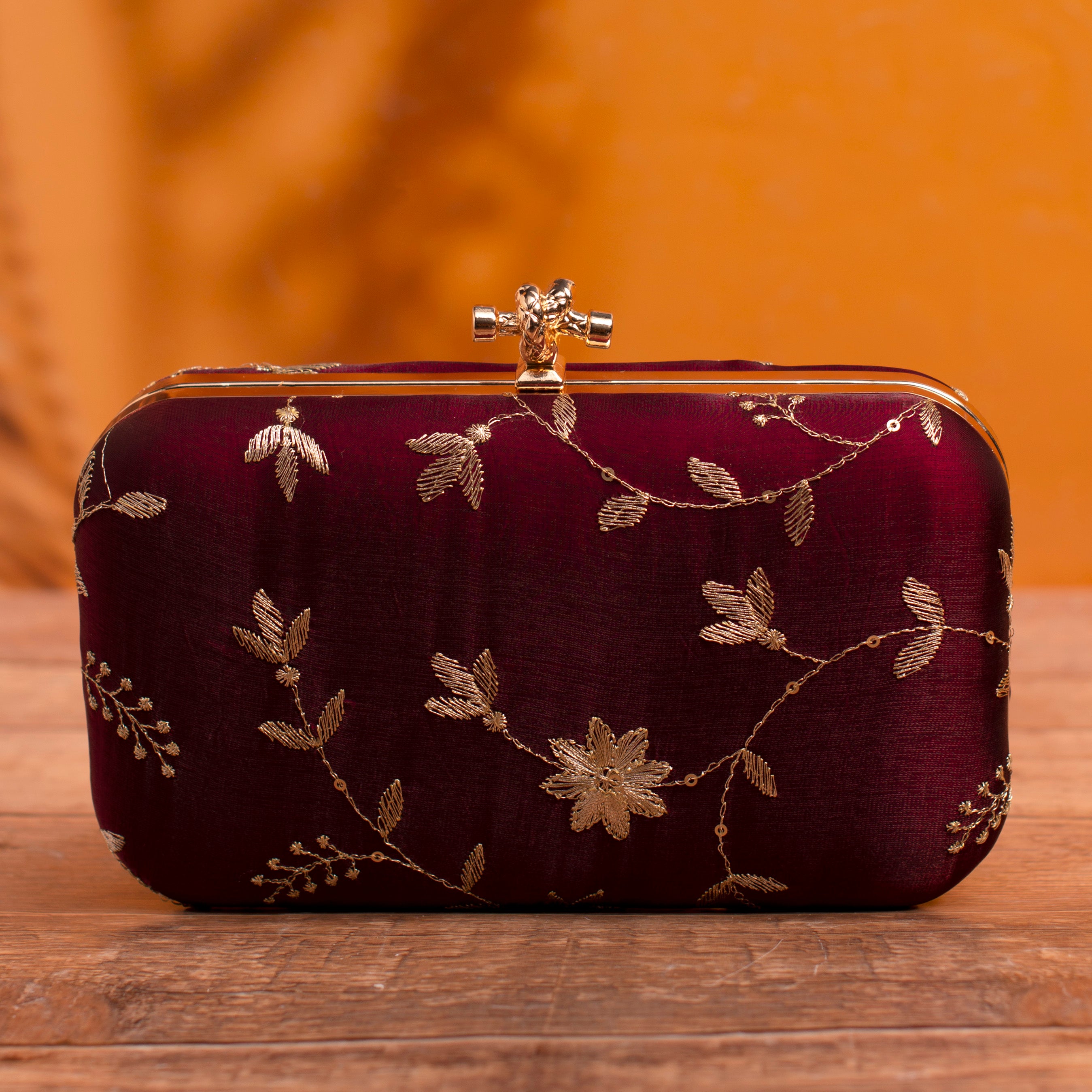 Artklim Maroon Based Golden Threadwork Embroidery Clutch