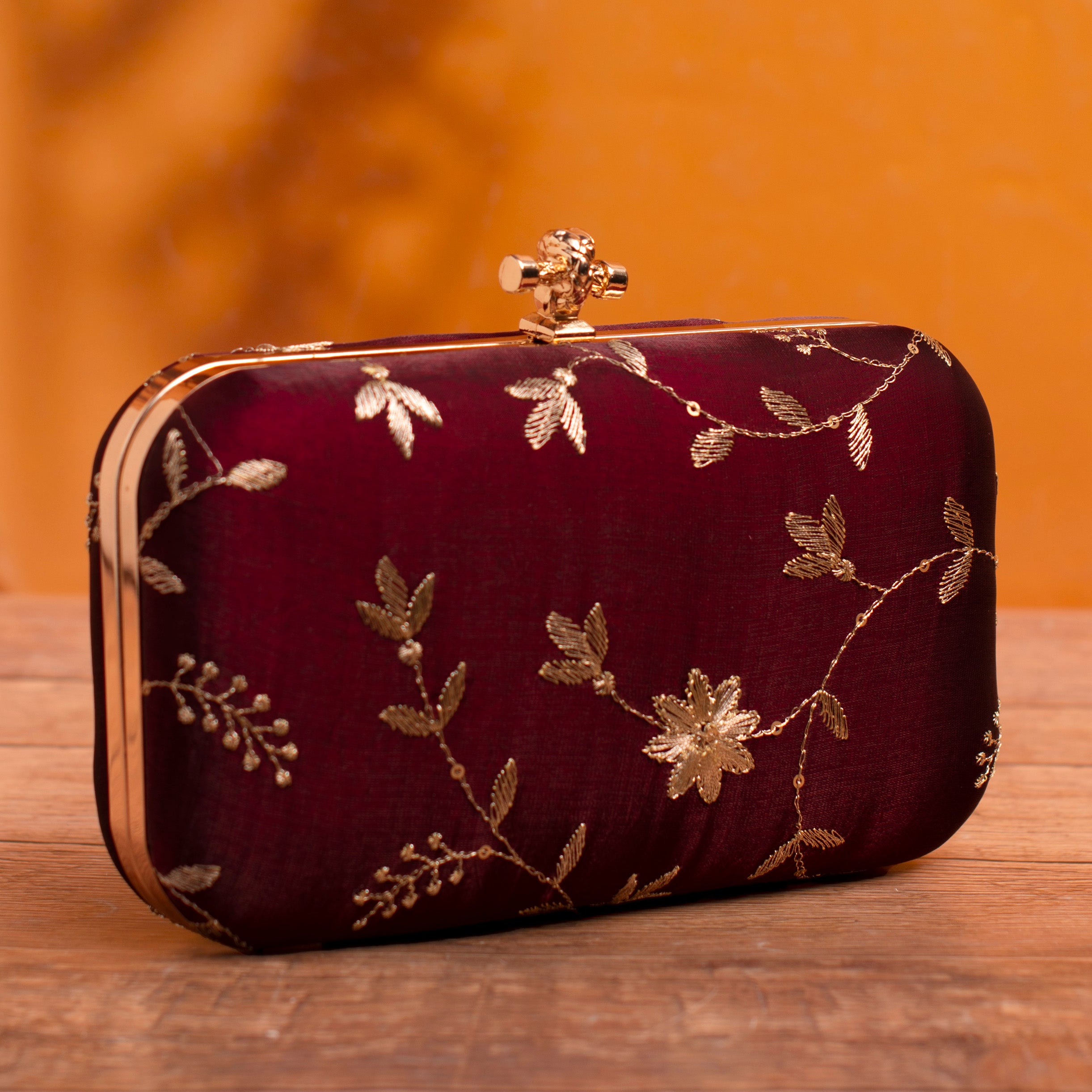 Artklim Maroon Based Golden Threadwork Embroidery Clutch